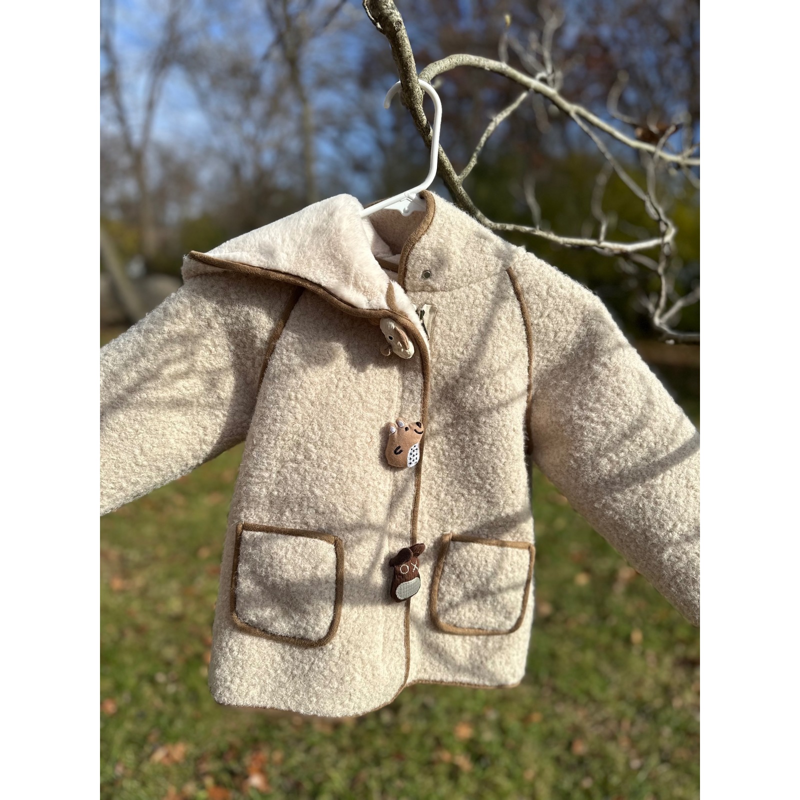Adorable Cream Sherpa Toddler Hooded Coat | Animal Character Buttons | Sz 6-7y